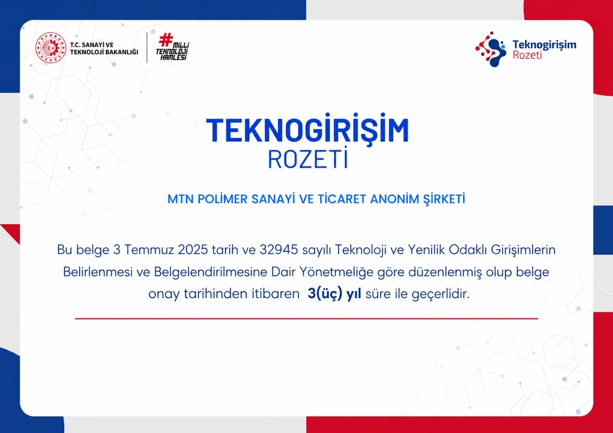 MTN POLİMER Teknogirişim Rozeti belgesi